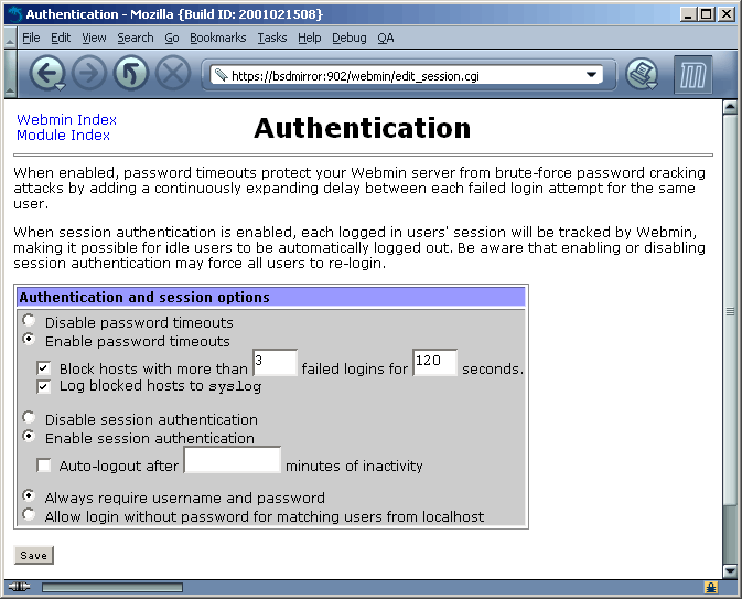 Webmin Authentication Options Page